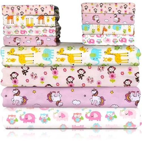34 Pack Baby Receiving Blanket Set: 4 Flannel Cotton Blankets (30" x 30") & 30 Infant Washcloths - Mixed Patterns
