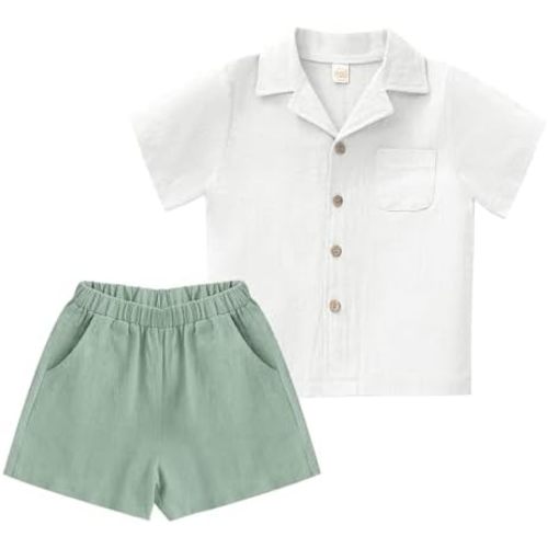 XMWEALTHY Toddler Baby Boy Summer Clothes Color Block Short Sleeve Button-down Shirt Tops + Cotton Pants Outfit Set