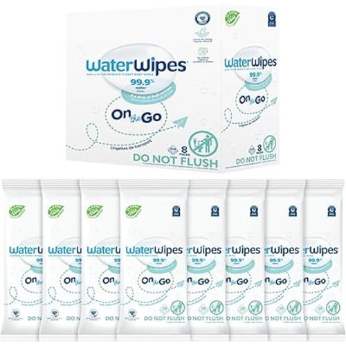 WaterWipes On The Go Wipes, 99.9% Water-Based Wipes for Travel, Sports, and to Refresh Skin, Unscented & Hypoallergenic, 224 Count (8 Packs)