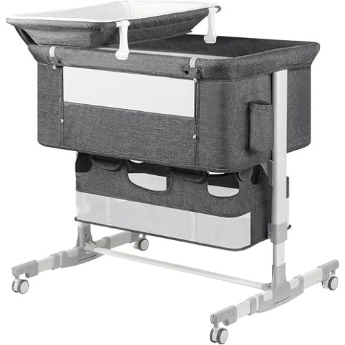 Baby Bassinet Bedside Sleeper with Diaper Changing Station + Mosquito Net + 16gallon Capacity Storage, Adjustable & Portable Bassinet Cosleeping Baby Bed (Grey)