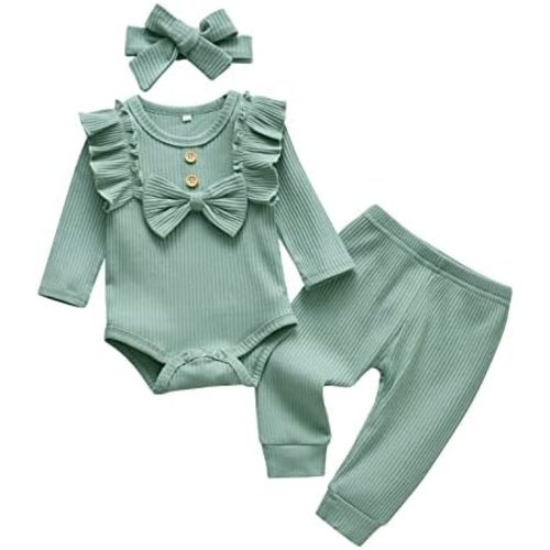 Kulcerry Newborn Infant Baby Girl Clothes Solid Color Ribbed Long Sleeve Romper Pants Headband Outfits Set