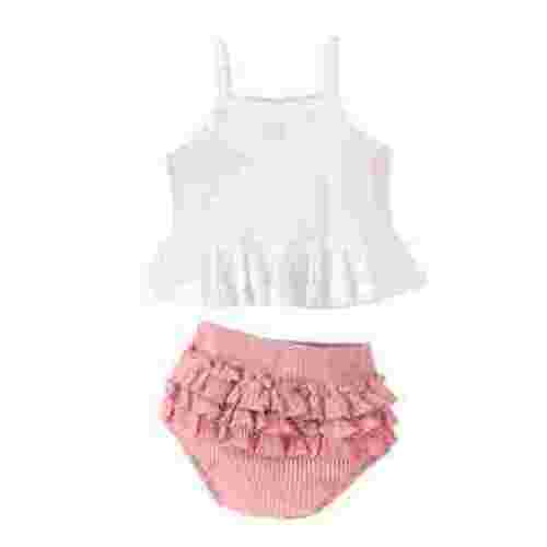 Infant Baby Girl Summer Outfit Set Sleeveless Ruffle Top Layered Shorts White Pink Clothing Sets