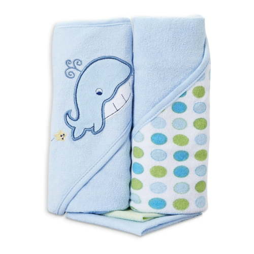 Spasilk Baby 2 Terry Hooded Towels & 2 Washcloths Bath Set for Newborns and Infants, Blue Whale