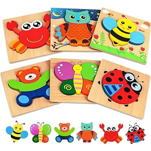 Dreampark Wooden Puzzles for Toddlers Ages 1-3, Montessori Toys for 1 2 3 Years Old Girls Boys Baby Kids Puzzle Learning Educational Christmas Birthday Gifts Toys 6 Pack Animal Jigsaw Puzzle