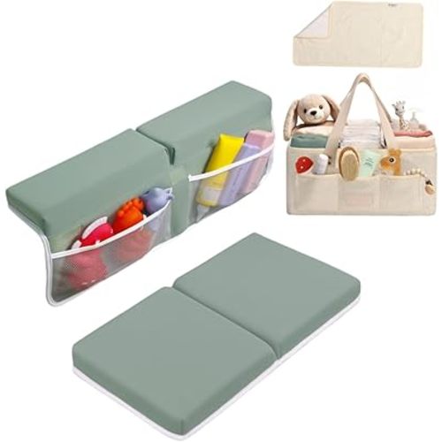 Bath Kneeler and Elbow Rest Pad (Green) and Teddy Diaper Caddy with Changing Pad (Beige) Bundle