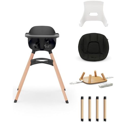 Lalo The 3-in-1 High Chair Kit - Convertible Wooden High Chair for Babies & Toddlers with Infant Support, Cushion, Booster Conversion Kit & Play Legs, Adjustable Footrest - Licorice