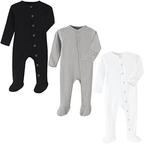 Baby Footed Sleeper with Mitten Cuffs Cotton Neutral Newborn Babys Snap Sleep and Play