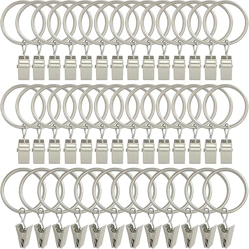 40 Pack Curtain Rings with Clips, Curtain Clip Rings Hooks, Bow Hanger Clips for Hanging Drapery Drapes Bows, Ring 1.26 inch Interior Diameter, Fits up to 1" Rod, Matte Silver