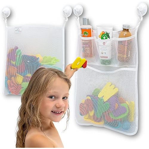 2 x Mesh Bath Toy Organizer + 8 Ultra Strong Hooks – The Perfect Bathtub Toy Holder & Bathroom or Shower Caddy – These Multi-use Net Bags Make Baby Bath Toy Storage Easy – For Kids & Toddlers