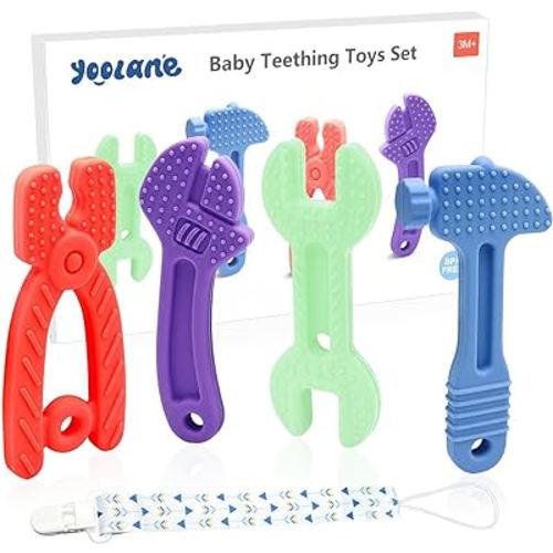 Yoolane Baby Teether - Teething Toys for Babies 3-24 Months, Tools Set Shape Silicone Teethers - Baby Stuff Essentials Gifts for Toddler Infant Boy and Girl, BPA Free Freezable | 4 Pack