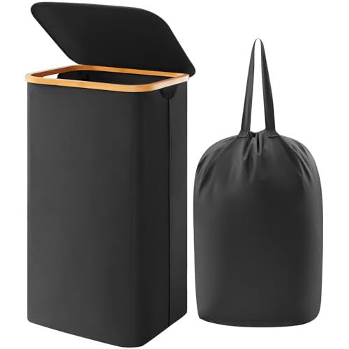 Lifewit 100L Laundry Basket with Lid, Clothes Hampers for Laundry with Bamboo Handles and A Removable Bag, Large Foldable Laundry Hamper for Bedroom, Bathroom, Dorm, Laundry Room, Black