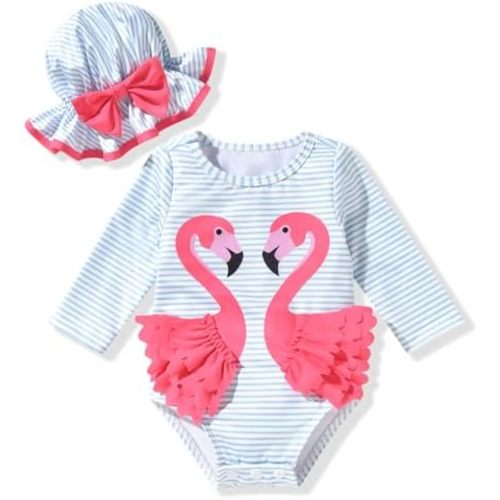 Newborn Infant Baby Girls Long Sleeve Swimsuit with Hat