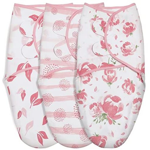 GLLQUEN BABY Girl Swaddle Blankets, Adjustable Infant Swaddle Wrap,Newborn Swaddles for 0-3 Months, Ergonomic Baby Sleep Sack,Pink Floral or Dandelions or Leaves,Swaddling Blankets 3 Pack Wrap Set