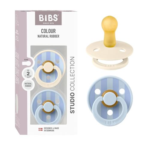 BIBS Pacifiers - Colour Studio 2 Pack | Round Nipple Baby Pacifier | BPA Free Natural Rubber Latex Soother | Made in Denmark | Size 6+ Months | Block Baby Blue Dusty Blue
