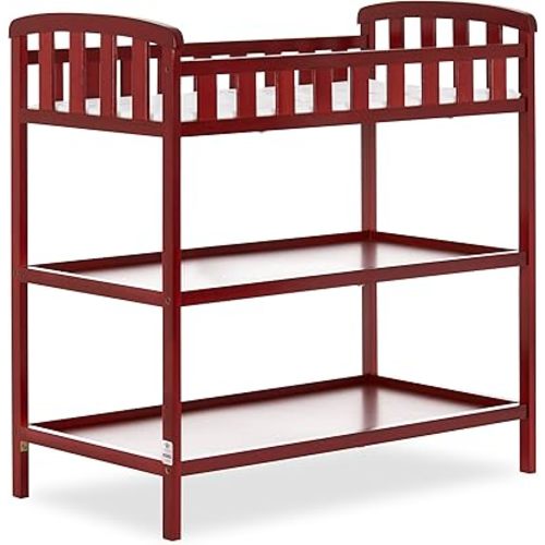 Dream On Me Emily Changing Table, Compact and Lightweight, Solid New Zealand Pinewood, Elevated Safety Rails, Two Storage Shelves, Includes Water-Resistant 1" Changing Pad — Cherry