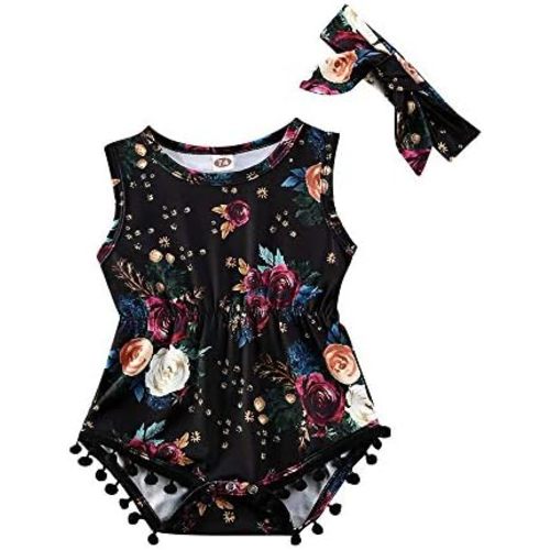Infant Baby Girls Clothes Summer Floral Tassel Romper Bodysuit Sleeveless Jumpsuit Outfits with Headband