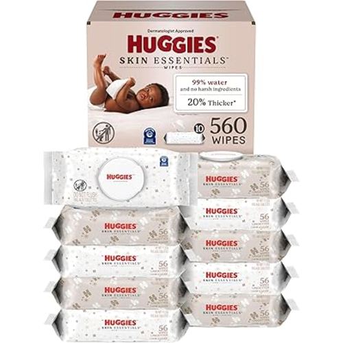 Huggies Skin Essentials Baby Wipes, Hypoallergenic, 99% Water, 10 Flip Top Packs (560 Wipes Total)
