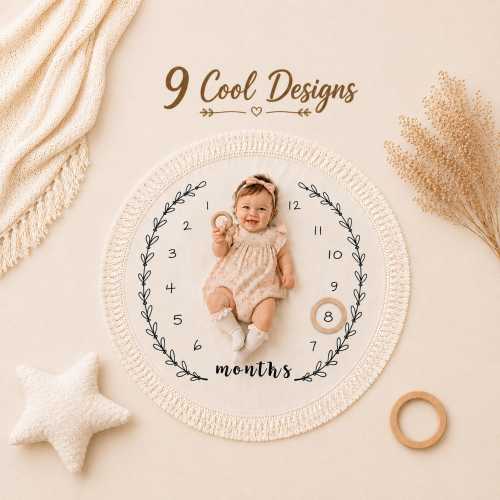 Baby Milestone Blanket, Monthly Growth Chart Mat, Neutral Round Fringe Newborn Photo Prop, Boho First Year Baby Gift