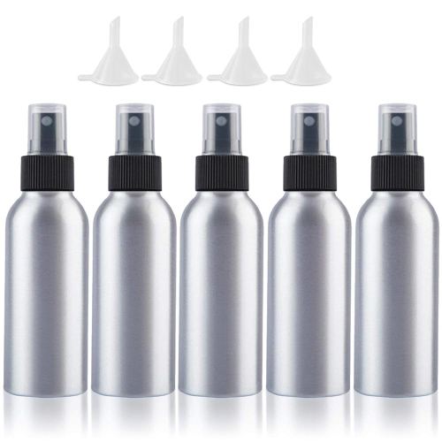 Empty Spray Bottles Travel Size 100ml/3.4oz 5 Pack Small Spray Bottle Aluminum Metal Fine Mist Refillable Atomizer Set with Lids for Liquids Skincare Cosmetic Perfume Storage, with 4pcs Small Funnels