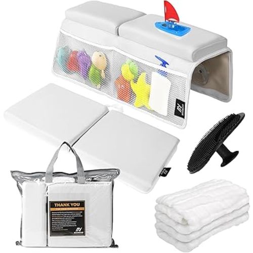 Baby Bath Kneeler & Elbow Rest Set – Extra Thick Padding for Knees & Arms | Machine Washable | Includes Bonus Washcloth & Brush | Suction Cups & Storage Pockets | Non-Slip Design
