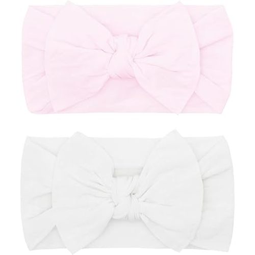 Baby Bling Bows Newborn to Little Girls Hair Bow - Girls Classic Knot Headbands Toddlers Hair Accessories, Made in the USA, One Size (2 Pack - pink & white)