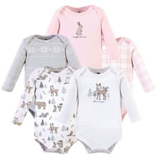 Hudson Baby Infant Girl Cotton Long-sleeve Bodysuits 5pk, Winter Forest, 6-9 Months