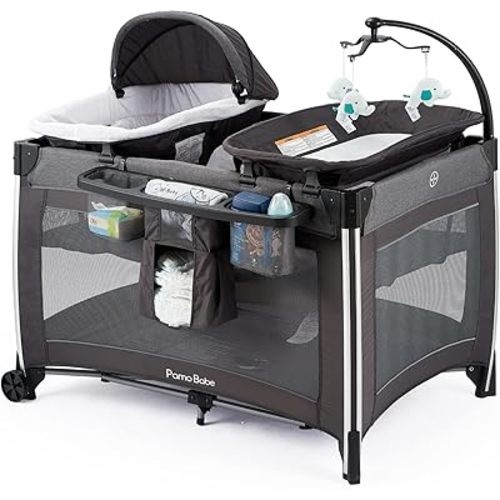 Pamo Babe 4 in 1 Portable Baby Crib Deluxe Nursery Center, Foldable Travel Playard with Bassinet, Mattress, Changing Table for Newborn, Infant, Toddler(Grey)