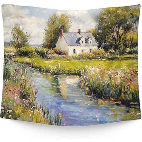 WAITPI Vintage Spring Landscape Cottage Hanging Wall Tapestry for Bedroom, Farmhouse Village Wildflower Tapestries, Rustic Cottagecore Wall Hanging Decor Tapestry for Living Room Home 50x60in
