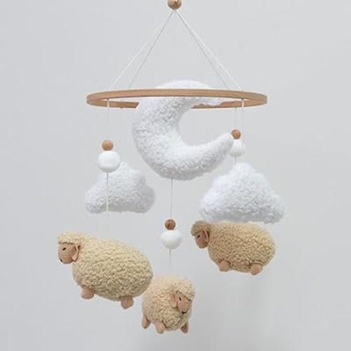 Sheep Baby Mobile for Crib, Cloud Baby Crib Mobile for Girls & Boys, Neutral Crib Toys Hanging, Lamb Baby Mobile for Bassinet, Nursery Decor - Light Coffee
