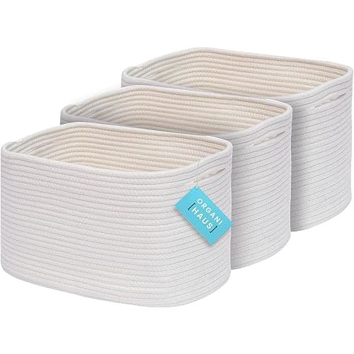 OrganiHaus Set of 3 White Shelf Baskets for Organizing, Storage Baskets for Shelves, Square Woven Basket for Storage, Decorative Storage Bins, Cotton Rope Baskets for Decor, Closet Storage Baskets
