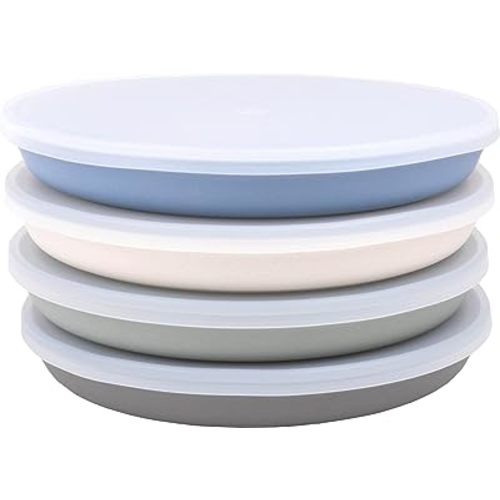 WeeSprout Bamboo Plates with Silicone Lids, Set of 4, Kid-Sized Dinnerware, Cereal, Leftovers & Snacks, Dishwasher Safe Melamine Dishware (Blue, Green, Gray, & Beige)