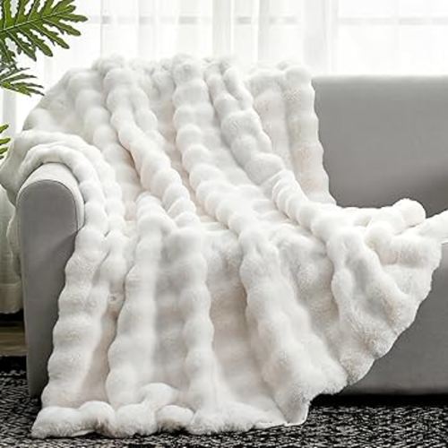 Cozy Bliss Faux Fur Throw Blanket for Couch, Fuzzy Soft Plush Thick Bubble Blanket for Sofa Bedroom Living Room, 50 * 60 Inches Cream White