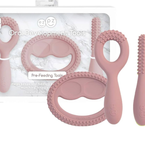 Amazon.com: ezpz Oral Development Tools - 3 Months+ (3 Pack in Blush) - Non-Slip Loop, Smile and Stick, 100% Silicone Tools to Practice Feeding + Chewing - Sensory Bumps - Dishwasher Safe