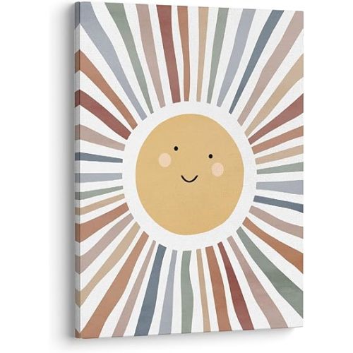 XWELLDAN Cute Cartoon Smiling Sun Cheerful Nursery Wall Art Canvas Prints,Watercolor Boho Neutral Sun Sunshine Wall Art Decor for Kids Baby Bedroom Nursery Playroom, 11 x 14 Inch(brown)