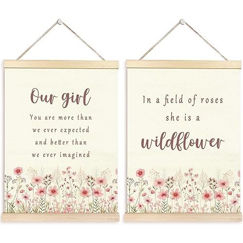 TAEDIN Girls Room Wall Art Poster Hanger Frame Set of 2 - Baby Girl Botanical Wildflower Wall Decor with Wood Frames, Baby Shower Gifts Decor for Toddler Nursery Bedroom, 12x16 Inches