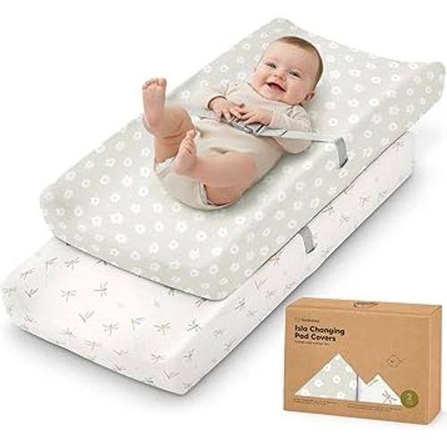 2-Pack Baby Changing Pad Cover for Girl, Boy - 32x16 Soft Viscose Derived from Bamboo Baby Diaper Changing Table Pad Cover Sheets, Neutral, Snug Fit Nursery Diaper Change Sheets (Meadow)
