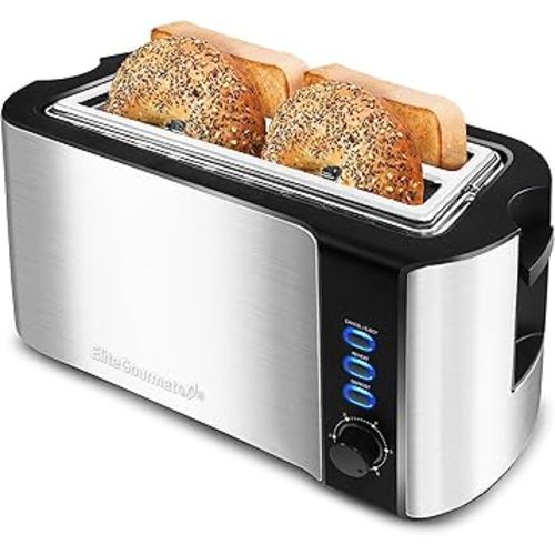 Elite Gourmet ECT-3100 Long Slot 4 Slice Toaster, Reheat, 6 Toast Settings, Defrost, Cancel Functions, Built-in Warming Rack, Extra Wide Slots for Bagels & Waffles, Stainless Steel & Black