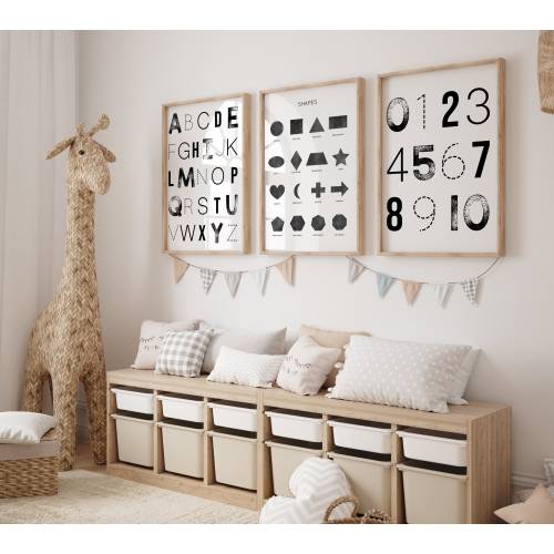 Educational Posters For Toddlers, Set of 3 Digital Prints Download, Black And White Alphabet Poster, Montessori Kids Classroom Decor