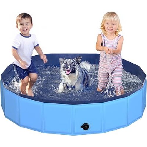 55.1" x 12" Foldable Dog Pool - Collapsible Hard Plastic Kiddie Pool for Dogs & Kids, Non-Slip Pet Bath Tub for Outdoor Backyard Use, Lightweight & Portable (Blue)