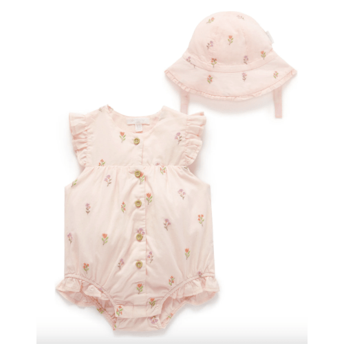 Embroidered Bodysuit & Sunhat Sprig Broderie - Purebaby Rompers | Maisonette