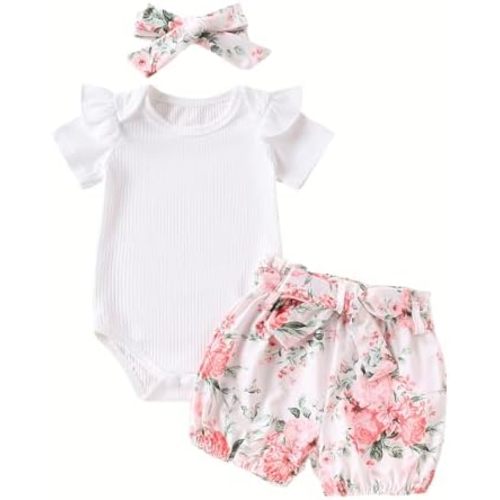 Kaipiclos Newborn Infant Girl Clothes Rib Knit Romper Daisy Print Shorts Headband Baby Summer Clothes 0 3 6 12 18 24 Months