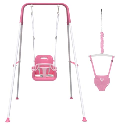 2 in 1 Toddler Swing & Baby Jumper, Foldable Baby Swing Outdoor & Indoor Use, Easily Installable and Storable (Pink)