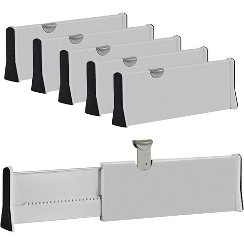 Drawer Dividers Organizer 5 Pack, Adjustable Separators 4" High Expandable from 11-17" for Bedroom, Bathroom, Closet,Clothing, Office, Kitchen Storage, Strong Secure Hold, Foam Ends, Locks in Place