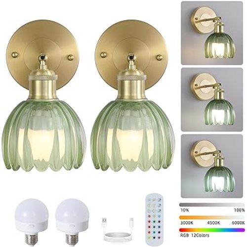 Vintage Battery Operated Wireless Wall Sconces, Rechargeable Gold Wall Lights，Green Tulip Glass Lampshad With Remote Dimmable Wall Lighting Indoor, Led Wall Lamp Fixtures For Bedroom, Living Room