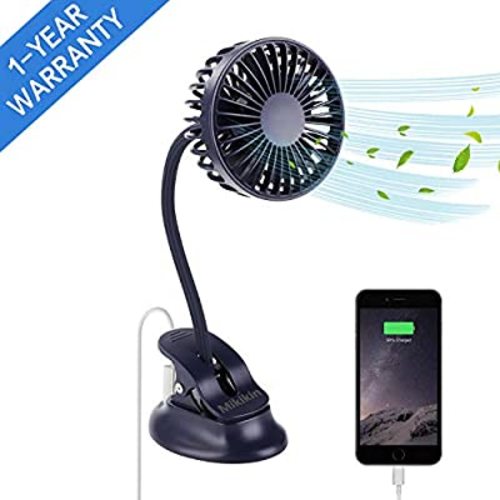 Mikikin Portable Mini Clip on Stroller Fan, 3 Speeds Settings, Flexible Bendable USB Rechargeable Battery Operated Quiet Desk Fan Ideal for Home, Office, Car, Travel, Camping, Outdoor - Dark blue