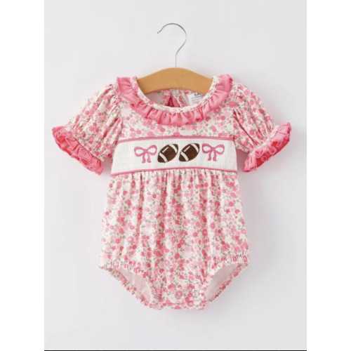 Football Smocking Bow Embroidered Girls Romper, Football Embroidered Romper, Bubble Romper, Football Onesie, Pink Football Romper