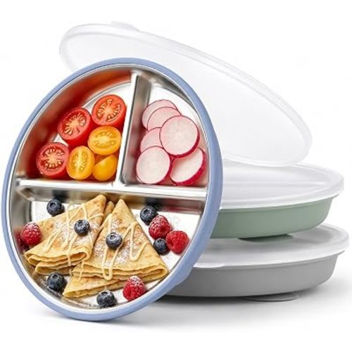 Bakpoco Stainless Steel Suction Kids Plates with Lids, DEEP 9" Divided Family Table Plate for 2Y-8Y+ Toddlers & Preschooler, Bigger Portions Transition, 3-Pack