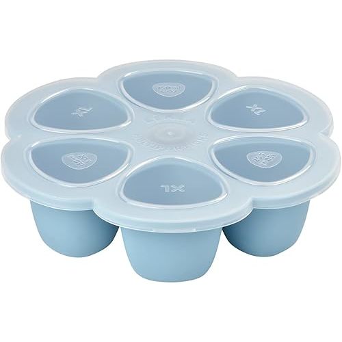 BEABA Multiportions Premium Quality Silicone Baby Food Storage Container, Baby Food Freezer Tray with Clip-On Lid, Oven and Freezer Safe, Made in Italy, Rain, 3 oz