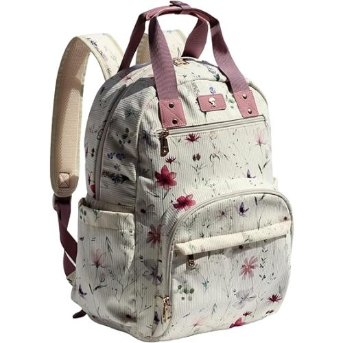ESVAN Diaper Bag Backpack, Large Capacity Multifunction Baby Essentials Fashion Travel Pack Linen Canvas office Laptop Bag (Corduroy Purple Flower)