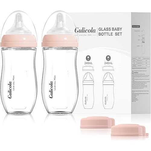 Natural Glass Baby Bottle for Breastfed Babies, Anti-Colic Baby Bottle Set with Medium Flow Nipple, 3 Months +, 8 oz, 2 Pack - Pink